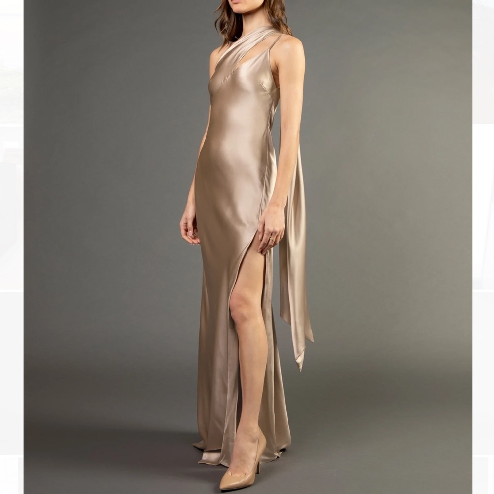 Michelle Mason ONE SHOULDER GOWN WITH TIE - CHAMPAGNE - NWT